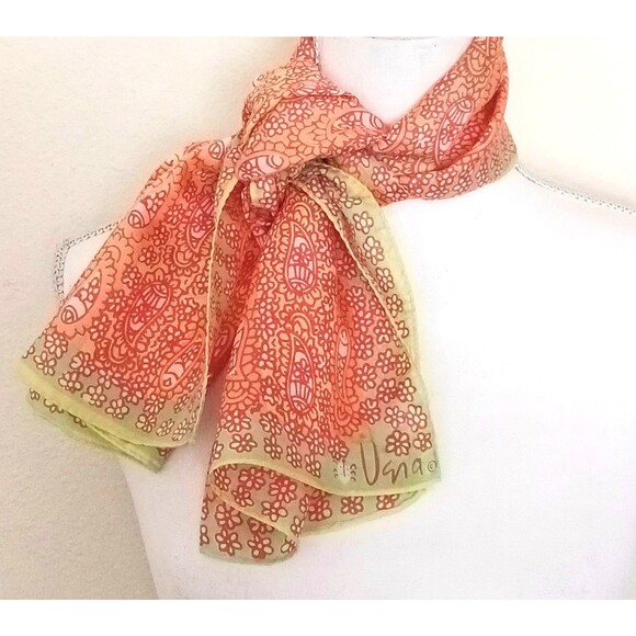 VTG Vera Silk Scarf Made in Japan Orange /Lime Paisley Print Rolled Edge 14X42 - Picture 6 of 8